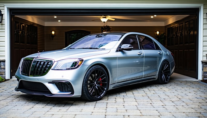 A luxury car being professionally detailed in a driveway. A luxury car being professionally detailed in a driveway.